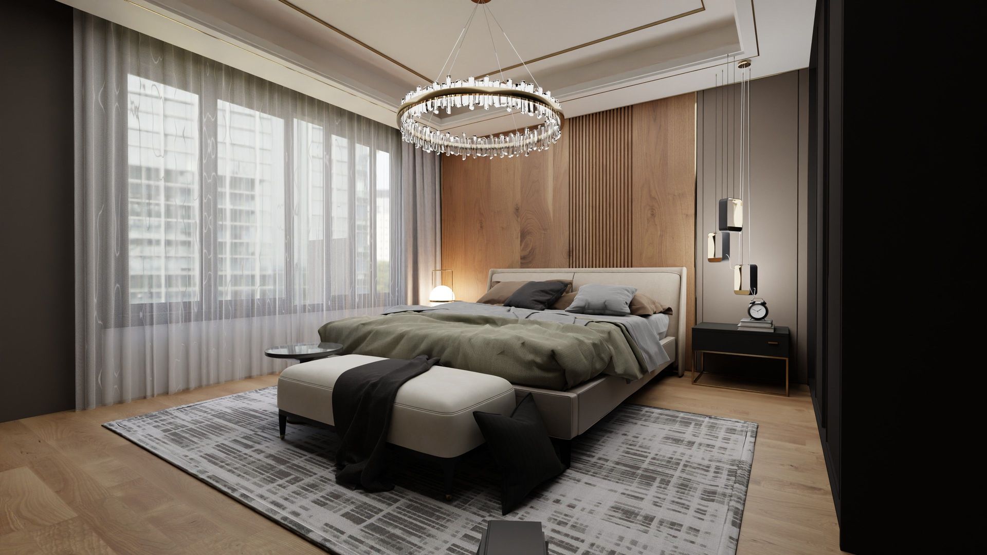 Elegant modern bedroom featuring a neoclassical design with a chandelier.